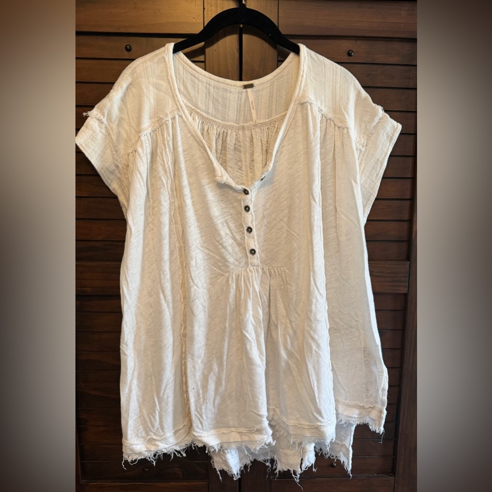 Free People White Henley Textures Knit Oversized Raw Hem Top